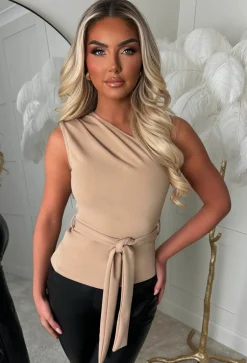Alexandria Nude One Shoulder Tie Waist Top