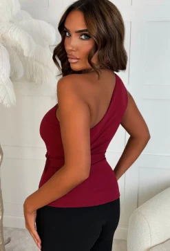 Alexandria Wine One Shoulder Tie Waist Top