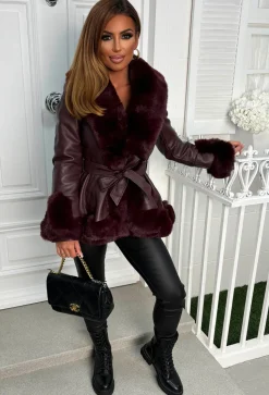 Alina Burgundy Faux Fur & Faux Leather Belted Skater Coat