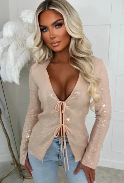 All Over Glitz Beige Sequin Double Tie Top