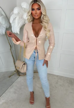 All Over Glitz Beige Sequin Double Tie Top