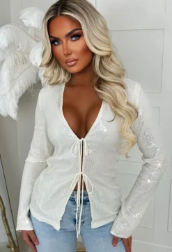 All Over Glitz Cream Sequin Double Tie Top