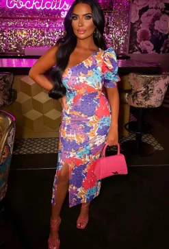 All Time Beauty Multi One Shoudler Puff Sleeve Floral Midi Dress