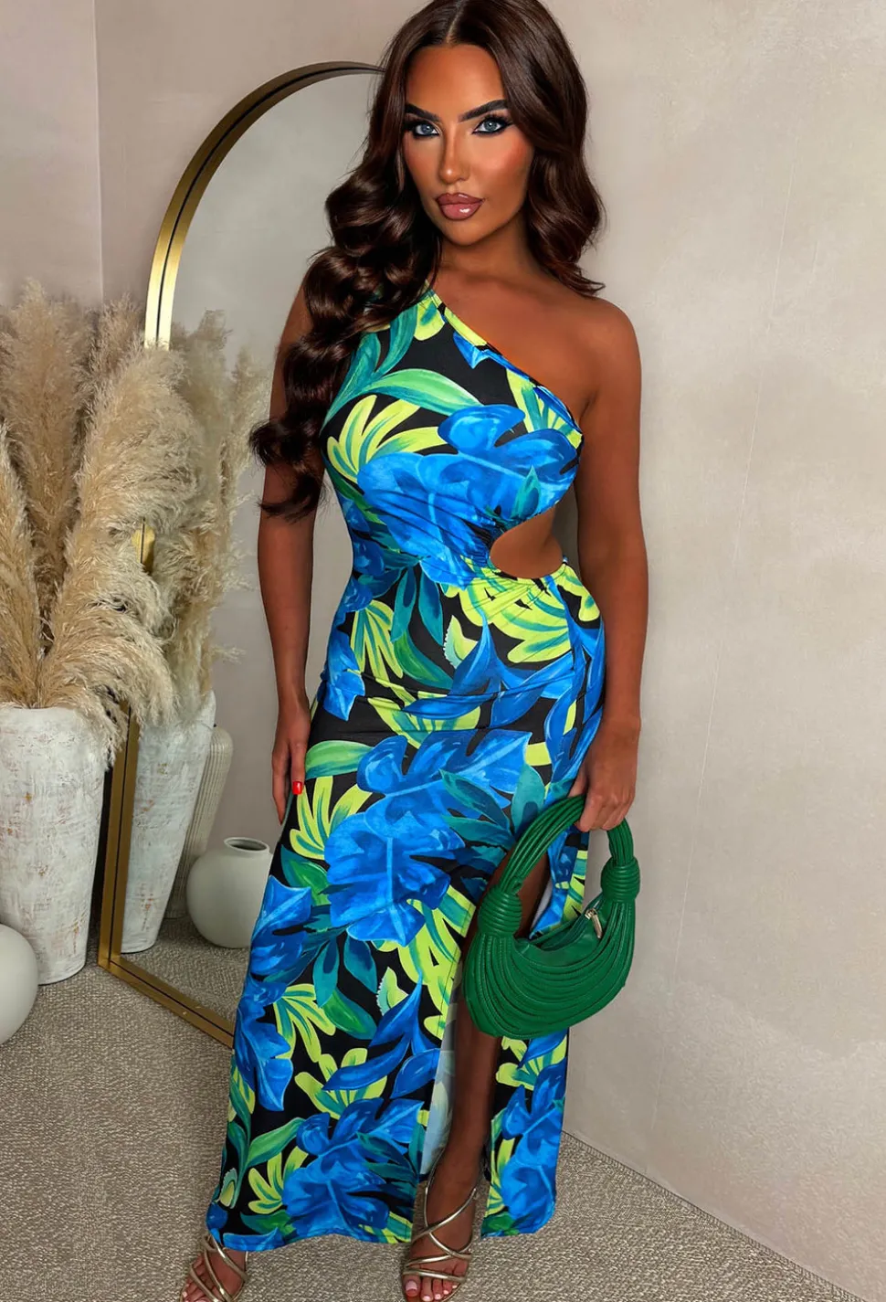 Aloha Affair Multi Leaf Print Side Cutout One Shoulder Dress
