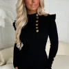 Always Couture Black Button Detail Frill Shoulder Ribbed Knitted Dress