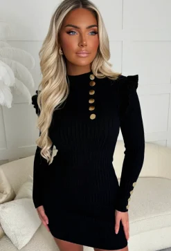 Always Couture Black Button Detail Frill Shoulder Ribbed Knitted Dress