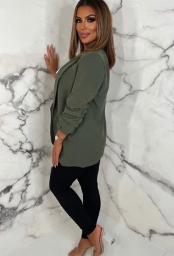 Always Iconic Khaki Shawl Ruched Sleeve Blazer