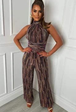 Amina Purple Foil Plisse Halter Neck Jumpsuit