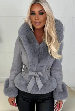 Anastasia Grey Faux Suede Hooded Skater Belted Coat
