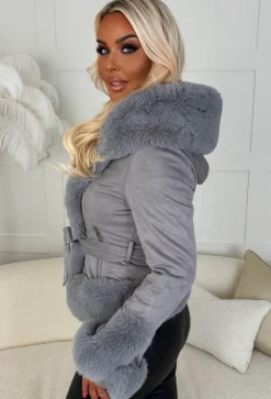 Anastasia Grey Faux Suede Hooded Skater Belted Coat