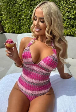 Antibes Pink Zig Zag Striped Deep Plunge Belted Swimsuit