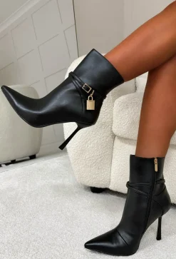 Ariana Black Faux Leather Lock Detail Stiletto Ankle Boots