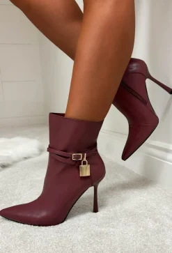 Ariana Wine Faux Leather Lock Detail Stiletto Ankle Boots