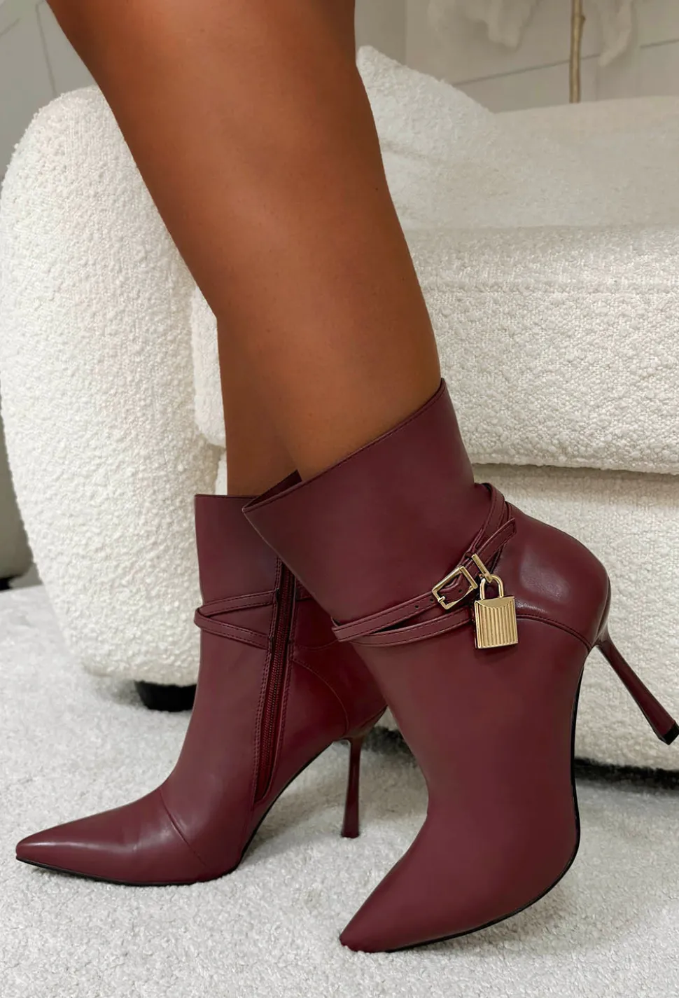 Ariana Wine Faux Leather Lock Detail Stiletto Ankle Boots
