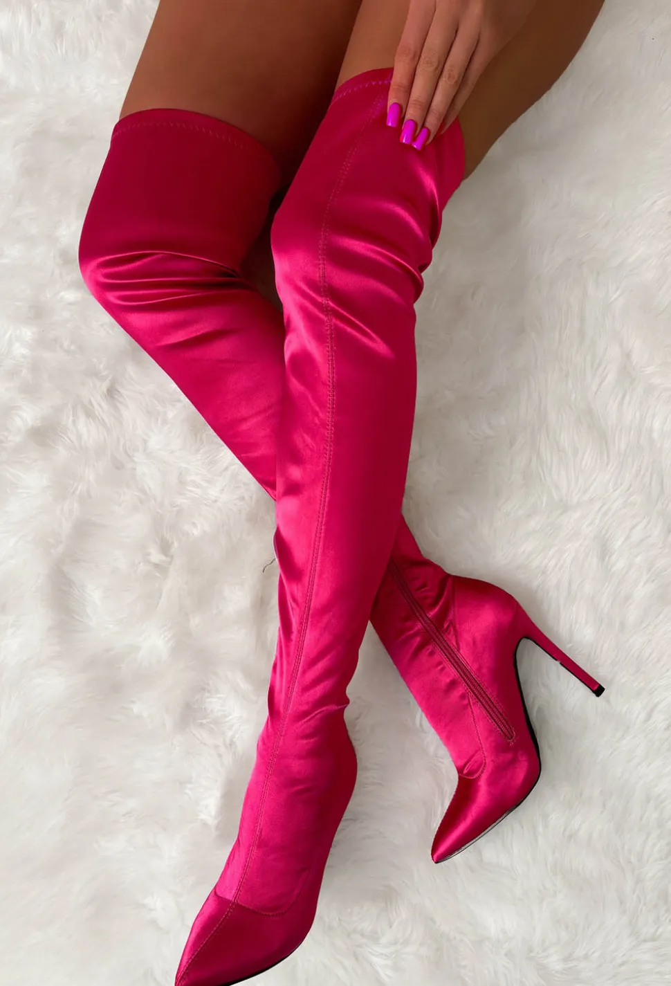 Baddie Behaviour Hot Pink Satin Thigh High Boots