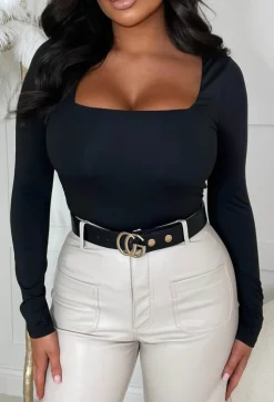 Bae For Tonight Black Square Neck Long Sleeve Top