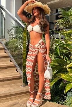 Bali Sunset Multi Zig Zag Striped Knot Leg Split Midi Skirt Cover Up