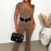 Bashful Babe Taupe Square Neck Flared Leg Jumpsuit