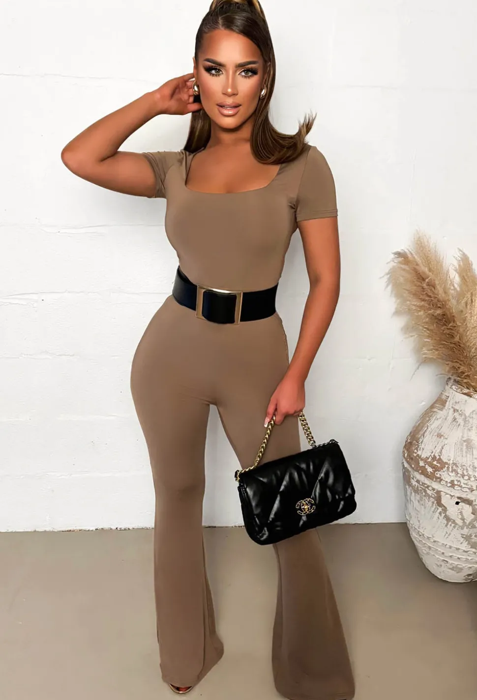 Bashful Babe Taupe Square Neck Flared Leg Jumpsuit