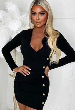 Be Designer Black Gold Button Long Sleeve Blazer Mini Dress