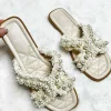 Beach Vacay Cream Pearl Embellished Sandals With Fringing Detail