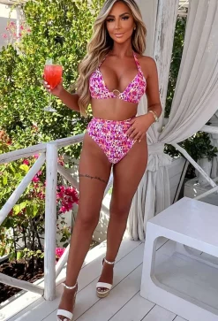 Beachy Allure Pink Printed Padded Cup Bikini With High Waist Brief