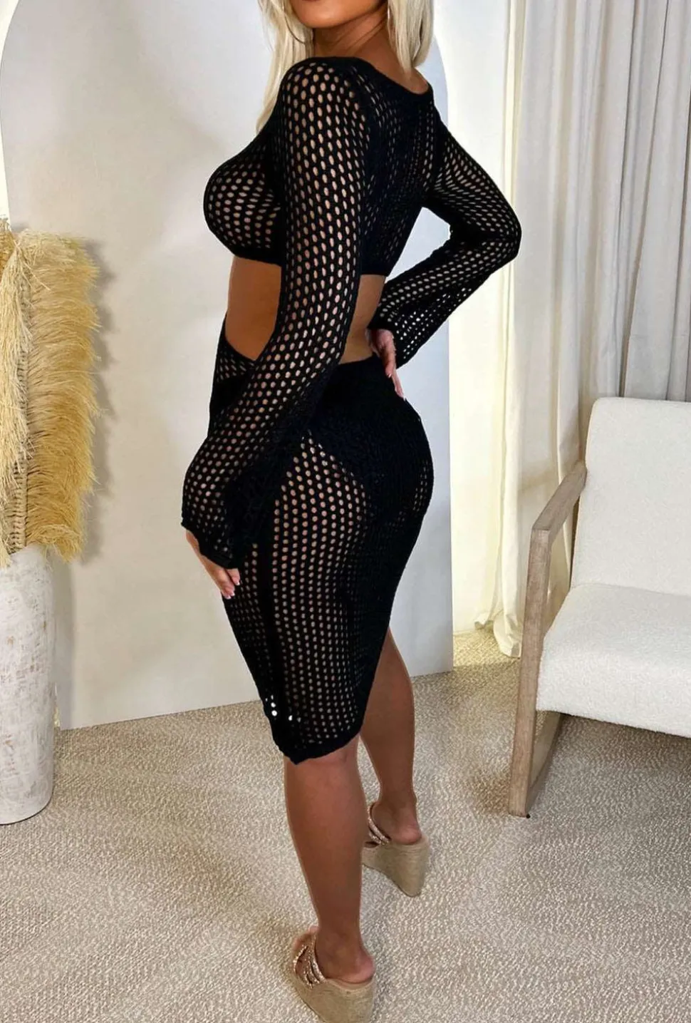 Beachy Fantasy Black Crochet Long Sleeve Cut Out Waist Cover Up Dress