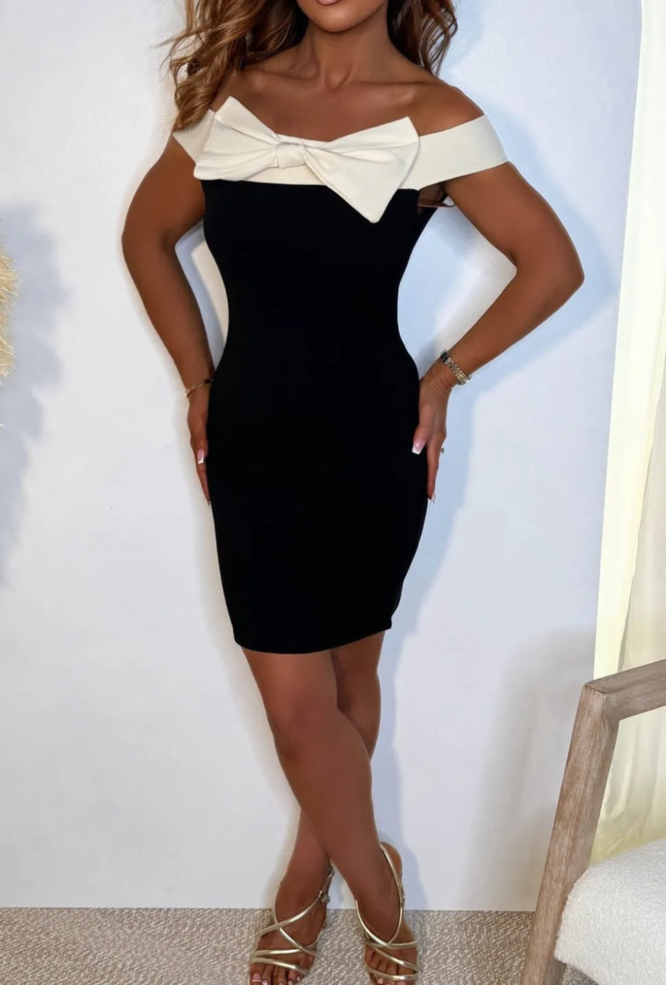 Beauty Bow Black Stretch Bardot Contrast Bow Bodycon Mini Dress