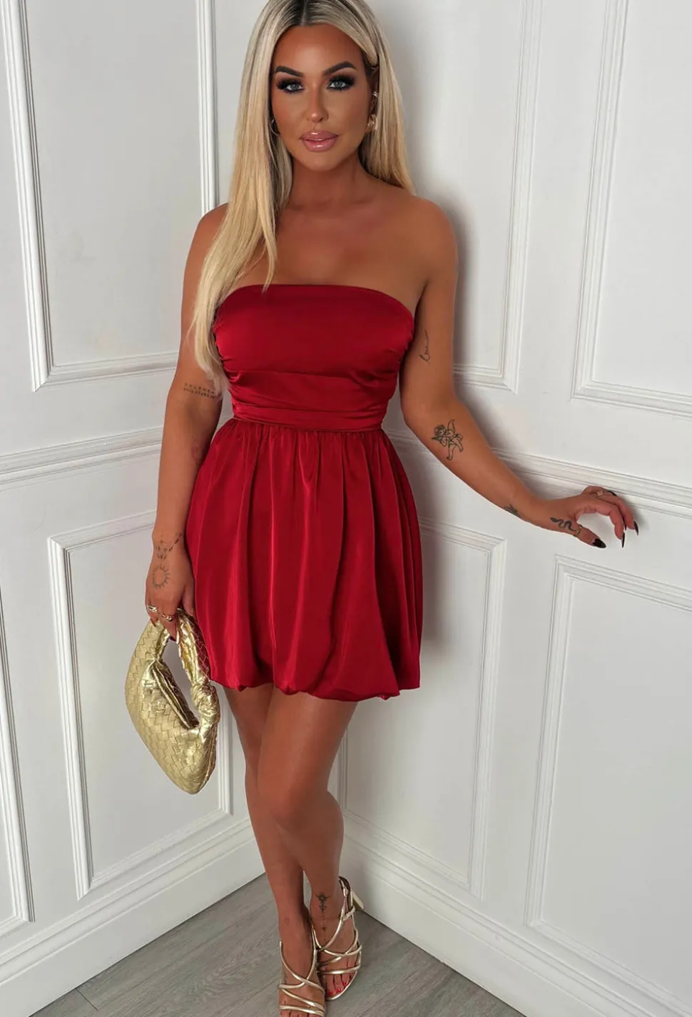 Belle Of The Ball Red Satin Bandeau Puffball Dress