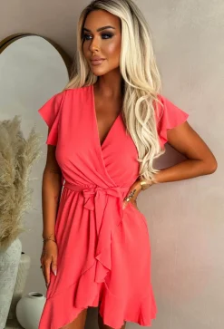 Best Believe It Coral Wrap Front Frill Sleeve Mini Dress