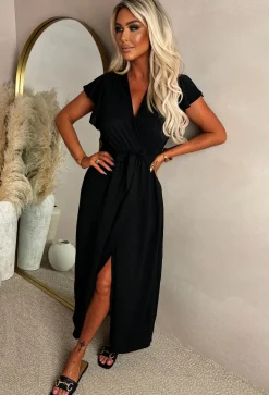 Best Believe Me Black Wrap Front Frill Sleeve Maxi Dress