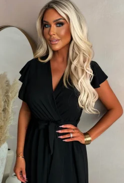 Best Believe Me Black Wrap Front Frill Sleeve Maxi Dress