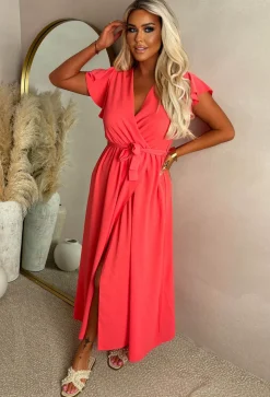 Best Believe Me Coral Wrap Front Frill Sleeve Maxi Dress