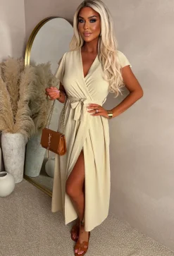 Best Believe Me Stone Wrap Front Frill Sleeve Maxi Dress