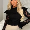 Blissful Dreams Black Crochet High Neck Frill Top