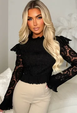 Blissful Dreams Black Crochet High Neck Frill Top