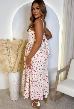 Blossoming Flowers Pink Floral Stretch Sleeveless Bow Back Midi Dress