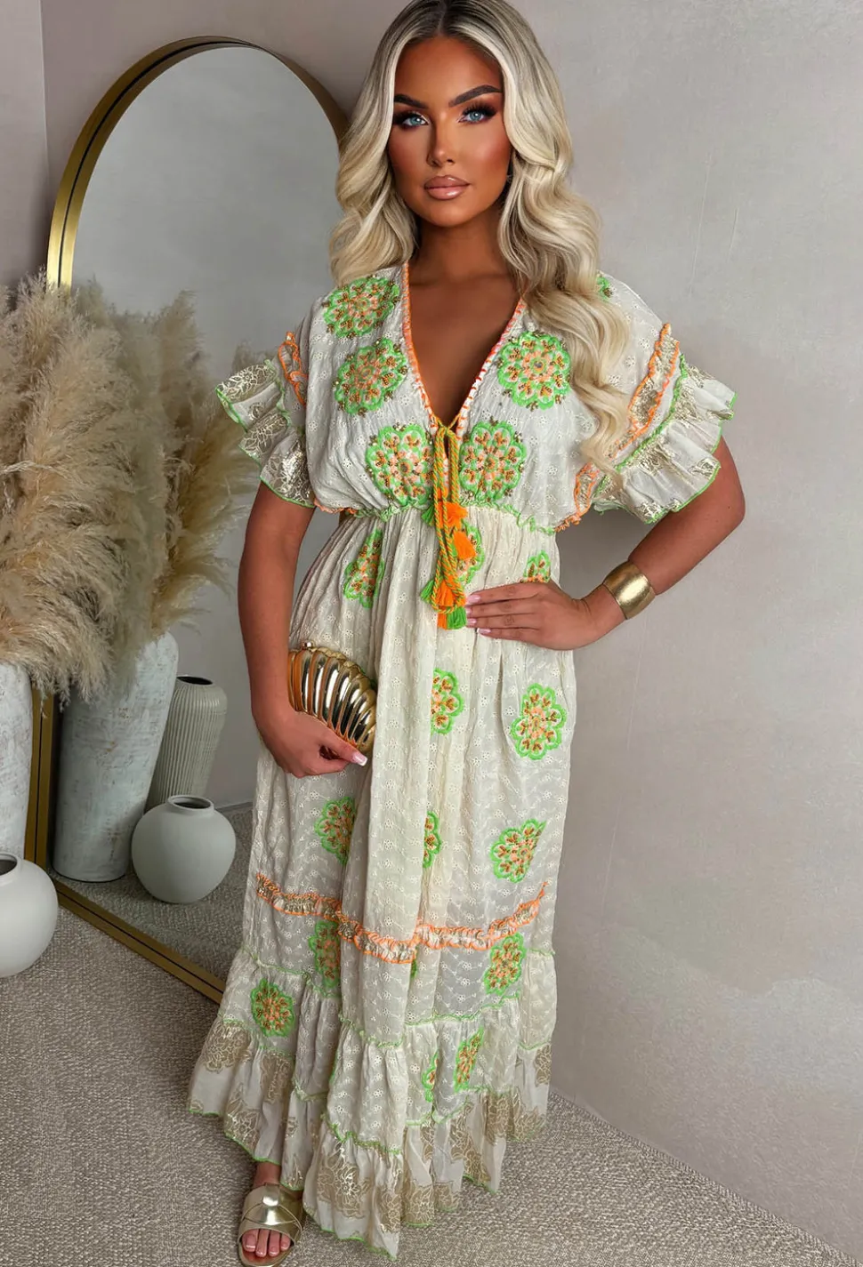 Boho Beautiful Orange Embroidered Boho Maxi Dress