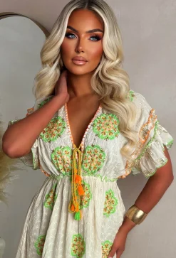 Boho Beautiful Orange Embroidered Boho Maxi Dress