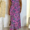 Boho Fantasy Pink Paisley Print Shirred Tie Strap Maxi Dress