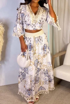 Boho Illusion Light Blue Boho Drawstring Elasticated Maxi Skirt