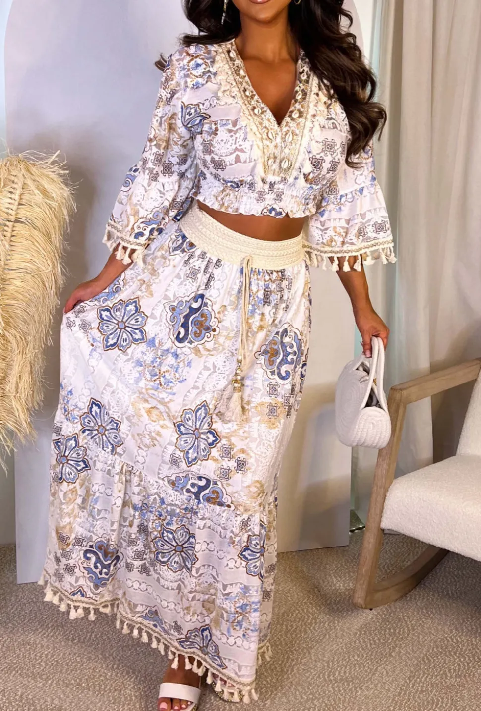 Boho Illusion Light Blue Boho Drawstring Elasticated Maxi Skirt