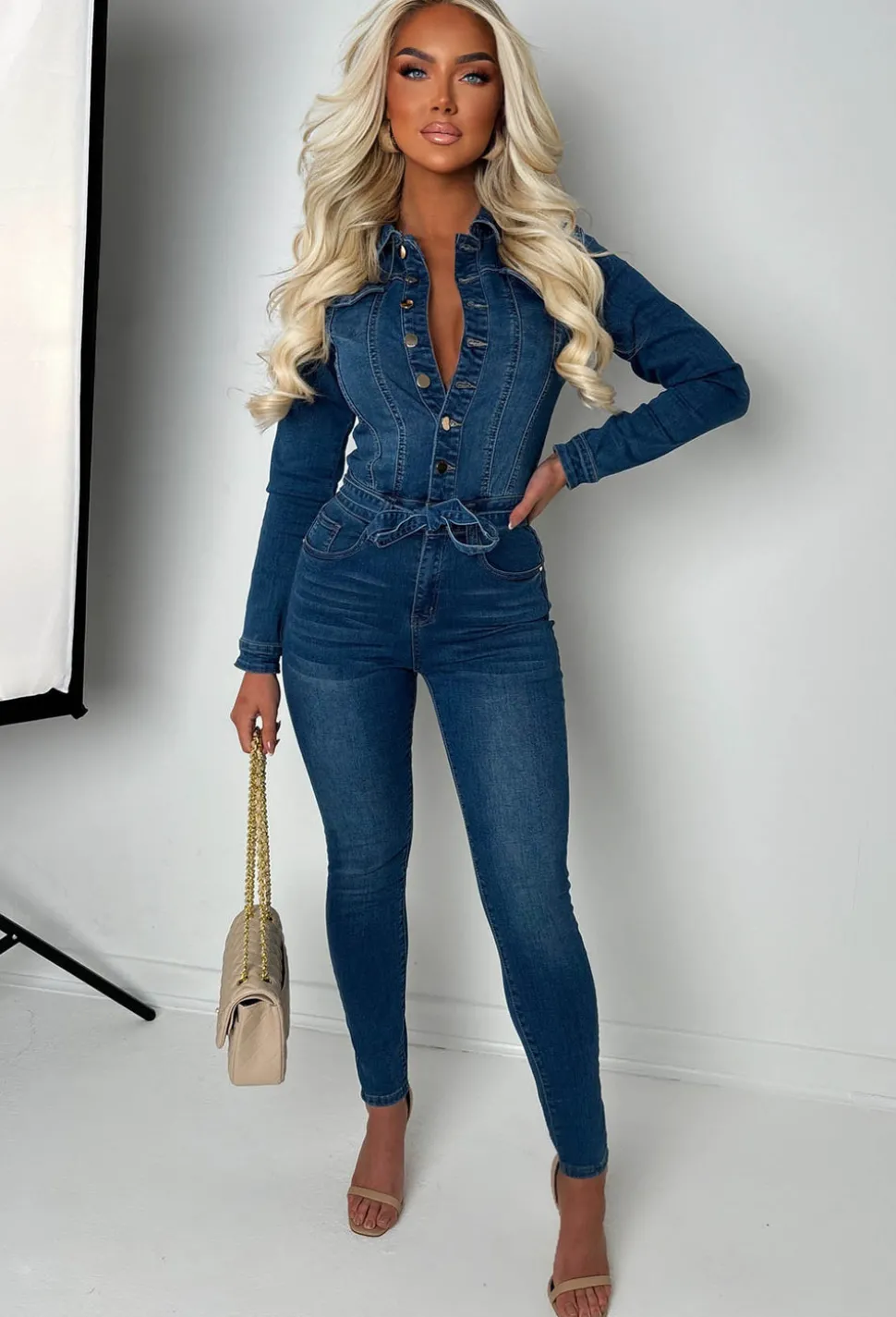 Boulevard Chic Mid Wash Stretch Long Sleeve Denim Jumpsuit