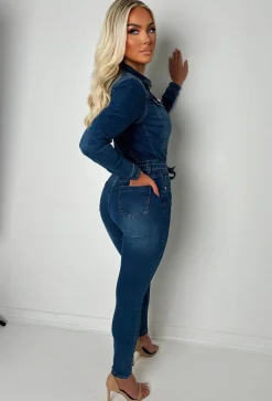 Boulevard Chic Mid Wash Stretch Long Sleeve Denim Jumpsuit
