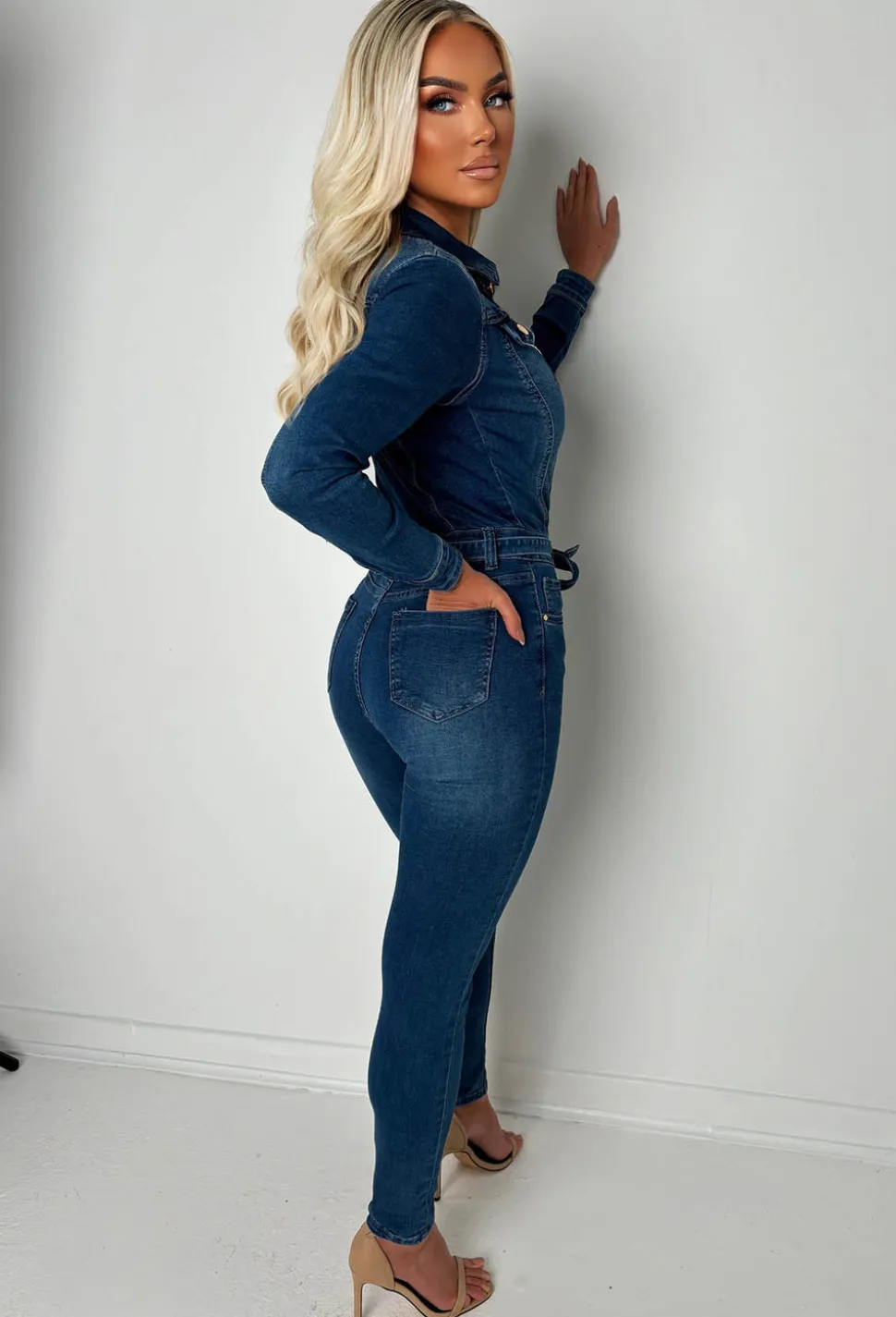 Boulevard Chic Mid Wash Stretch Long Sleeve Denim Jumpsuit