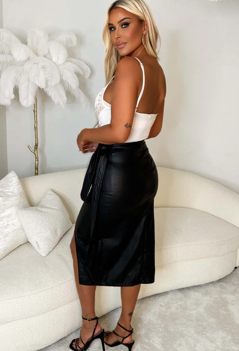 Boutique Attire Black Faux Leather Wrap Over Midi Skirt
