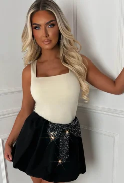 Bow Down Black Sequin Bow Puff Ball Skirt