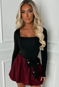 Bow Down Burgundy Sequin Bow Puff Ball Skirt