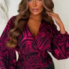 Briella Hot Pink V-Neck Animal Print Ruched Blouse
