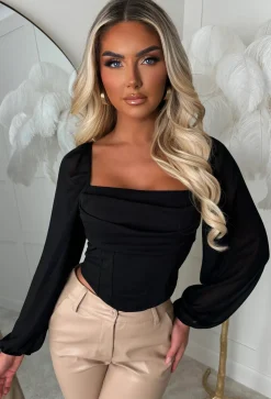 Bryony Black Long Sleeve Stretch Corset Top